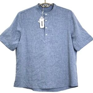 NWT COOFANDY Men Henley Shirt XL Blue Band Collar SS Linen Look Beach Hippie